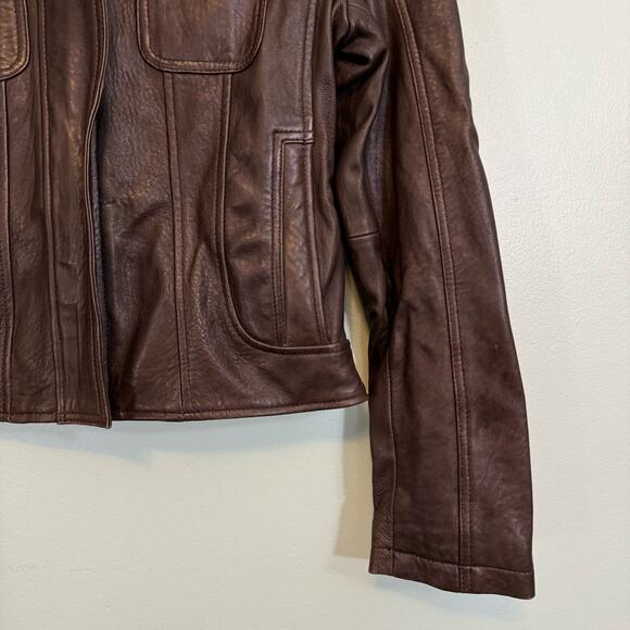 Giorgio Valentino Jacket Womens M Moto Biker Leather Mock Neck Zip Brown - Picture 8 of 10